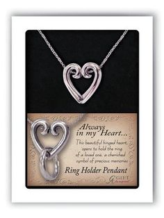 Unique ring holder pendant is hinged to hold a ring close to your heart. Heart shaped silver-tone pendant is 1" on 20" chain. Gift boxed with sentiment card.  Always in my Heart... This beautiful hinged heart, opens to hold the ring of a loved one, a cherished symbol of precious memories. Unique Ring Holder, Ring Holder Pendant, Always In My Heart, Pendant Ring, Precious Memories, Unique Ring, Pendant Rings