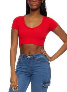 Ambiance, Short Sleeves, V-Neck, T-Shirt, Cropped Hem, Seamless, Solid, Ribbed Knit, Item Number 1305054265358 V Neck Crop Top, Cropped Shirt, Neck Crop Top, Item Number, Ribbed Knit, Crop Top, Short Sleeves, T-shirt, Crop Tops