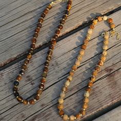 Metal: 18k Recycled Gold Plated On Brass Gemstone: Tiger's Eye, Picture Jasper Chain Length: 400-450mm Weight: 25g Edison Pearls, Gemstone Beaded Necklace, Tiger Eye Stone, Picture Jasper, Recycled Gold, Tiger's Eye, Metal Necklaces, Earth Tones, Stone Necklace