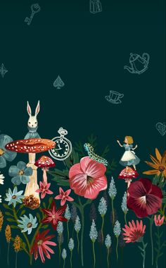 an image of flowers and rabbits in the dark