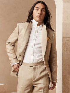 Saw this on Banana Republic: Linen Tuxedo, Cocktail Attire Men, Italian Suit, Wool Clothing, Linen Color, Cocktail Attire, Peak Lapel, Tuxedo Jacket, Irish Linen