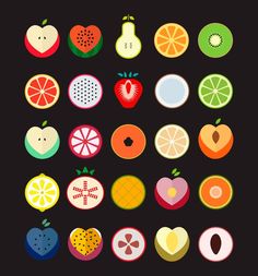 an assortment of different fruits and vegetables arranged in a square pattern on a black background