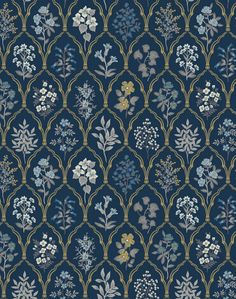 a blue and gold wallpaper with flowers on it