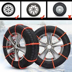 three tires are shown with snow chains attached to the rims and tire treads