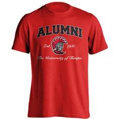 a red shirt with an image of the university of miami mascot on it's chest