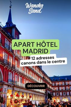 an advertisement for a hotel in madrid with people walking through the street and onlookers