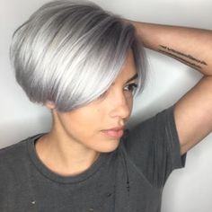 Make mine metallic! Aveda Artist Lindsey Yozamp at Juut Salon Spa created this shiny silver platinum with Aveda hair color and we can't stop staring. Formula:  20g 0N + 20g Ash Finisher + 1g b/gr + 1g 1N + 1g Pastel V + 40g 5L. Bob Hairstyles For Thick Hair, Hair Older Women, Short Pixie Bob, Pixie Haircut Ideas, Hairstyles For Thick Hair, Nutrition Quotes, Pixie Bob Haircut, Bob Hairstyles For Thick, Choppy Bob Hairstyles