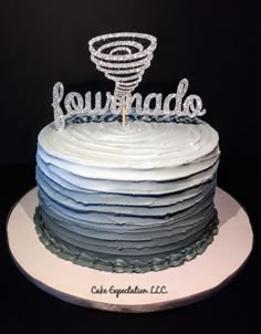 a cake that is sitting on top of a plate with the words downnade spelled in frosting