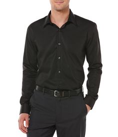 From Perry Ellis&#x2C; this men's shirt features:non-iron twill with a silky finishmedium spread collarlong sleeves with two-button cuffsbutton fronttapered hemcottonmachine washImported. Long Sleeve Button Up Shirt Outfit, Button Shirt Outfit, Black Shirt Outfit Men, Black Shirt Outfits, Black Dress Shirt Men, Homecoming Outfits For Guys, Black Dress Pants Men, Mens Black Shirt, Shirt Outfit Men