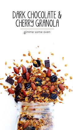 dark chocolate and cherry granola in a glass jar with the title text overlay reads dark chocolate and cherry granola