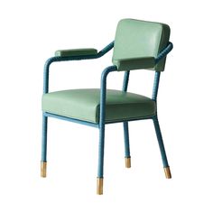 a green chair with wooden legs and a blue seat on the back, in front of a white background