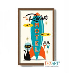 the rocket motel sign with a black cat sitting in front of it and an advertise