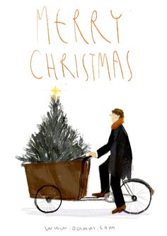 a man riding a bike with a christmas tree in the back