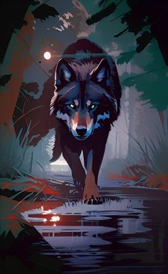 a wolf is walking through the woods at night