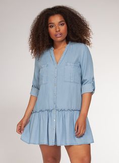 An updated take on our most popular style, now in a soft, denim-like fabric that buttons down the front and tailored with a thick ruffle. This dress takes you from work week to weekend. Self: 100% Rayon Hand Wash Cold Ruffled Shirt, Plus Size Fashionista, Fancy Fashion, Full Figure Fashion, Button Down Shirt Dress, Pretty Legs, Plus Size Boutique, Beautiful Dresses Short, Coastal Grandma