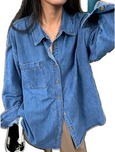 Oversized Denim Top For Everyday, Casual Oversized Denim Top With Button Closure, Trendy Oversized Blue Denim Top, Oversized Collared Blue Denim Top, Oversized Blue Denim Collared Top, Oversized Blue Denim Top With Button Closure, Oversized Denim Blue Top With Button Closure, Oversized Denim Button-up Shirt, Oversized Long Sleeve Denim Top For Summer