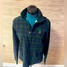 This Is A Big Kids Xxl. I Wear A 4-8 Top In Ladies And This Fits Me Like A Comfortable Small. Preppy Long Sleeve Fall Sweater, Fall Sweatshirt With Pockets, Preppy Green Tops For Fall, Green Preppy Tops For Fall, Casual Plaid Long Sleeve Sweatshirt, Casual Long Sleeve Plaid Sweatshirt, Green Half-zip Fall Sweater, Green Half-zip Outerwear For Fall, Ralph Lauren Tartan