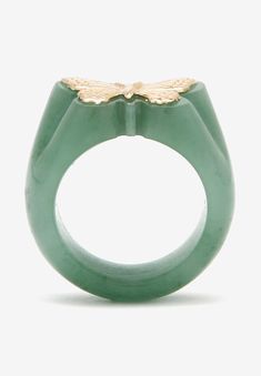 Playful, yet elegant, this charming green jade butterfly ring is designed as an unforgettable ornament for your finger. An artful fashion-forward fun edge Jade Butterfly, Gold Butterfly Ring, Butterfly Ring, Resin Ring, Jade Ring, Gold Butterfly, Leather Shops, Green Jade, Jade Green