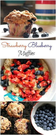 blueberry muffins with strawberries and berries on top