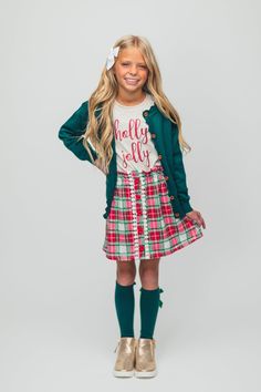 "Holly Jolly" Green Sweater Skirt Set | Sparkle In Pink Cream Long Sleeve Top, Kids Holiday Outfits, Girls Holiday Outfit, Christmas Outfit Casual, Toddler Christmas Outfit, Plaid Skirt Outfit, Simple Dressing, Sweater Skirt Set, Xmas Outfits