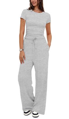 PRICES MAY VARY. Note: Since our actual size of this Tracksuit is smaller than the regular size, for you to wear this Tracksuit better, we suggest you choose one size bigger. Thank you! Features: Top: Crew neckline, short sleeves,ruched two side sexier,relaxed,cropped silhouette;Longer front slice Hide the fat on your belly ， Pants: high rise,drawstring feature,two side Pockets,pull on design, wide leg silhouette,Elastic and comfortable fabric for every day and any wear. All-Day Comfort: Whether Best Amazon Two Piece Sets, Athletic Wear For Women, Gym Clothes Women Modest, Amazon Workout Sets, Comfy Workout Outfits, Lounge Sets For Women, 2 Piece Outfits For Women, Bday List, 2 Piece Short Set