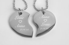 "This engraved silver broken heart necklace can be personalized for the sweetheart in your life. Our custom split heart necklace set can be engraved on both sides with names, dates or a message of love. If you would like a heart engraved between names or on any line you can simply type the word \"heart\" into the desired location. The 2 piece broken heart necklace can also be a wonderful gift for your best friend. 2 NECKLACES INCLUDED [pictured] custom sizes available For Extra Curb Chains Pleas Customized Stainless Steel Heart Pendant Jewelry, Personalized Stainless Steel Heart Pendant Jewelry, Personalized Stainless Steel Heart Pendant, Customizable Stainless Steel Heart Pendant Jewelry, Personalized Stainless Steel Heart Necklace For Anniversary, Personalized Stainless Steel Jewelry For Valentine's Day, Engraved Stainless Steel Jewelry For Valentine's Day, Engraved Stainless Steel Heart Pendant Jewelry, Personalized Stainless Steel Necklace For Anniversary