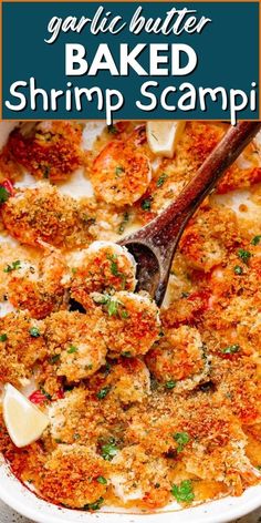 garlic butter baked shrimp scamp in a white casserole dish