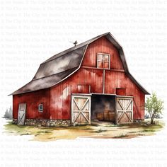 a watercolor painting of a red barn