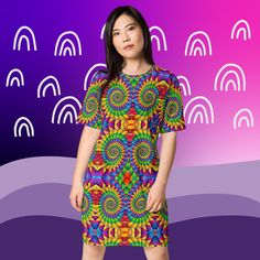 🌈This Women's T-Shirt Dress/Pajama Nightgown with a Psychedelic Funky Rainbow Swirl Design is the swiss knife of all dresses--it'll look great almost anywhere. Dress it up with a jacket or give it a more casual vibe with a pair of sneakers. Wear it as a sleep nightie tee, comfy loungewear or even as a part of your street style outfit--the options are endless. The comfortable oversize fit proves that comfy can also be stylish! * Made from 96% polyester, 4% spandex * Smooth and stretchy fabric * Multicolor Cartoon Print Sleepwear With Long Sleeves, Oversized Printed Multicolor T-shirt, Fun Multicolor Character Print Sleepwear, Multicolor Cotton Graphic Print Sleepwear, Womens T Shirt Dress, Oversize Tshirt Outfits, Groovy Multicolor Cotton T-shirt, Pajama Dress, Rainbow Swirl