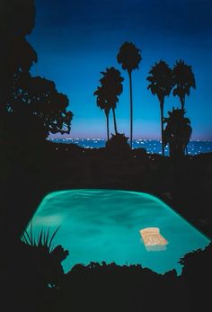 a painting of palm trees and a pool at night with the moon in the sky