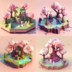 four low polygonic trees in different shapes and sizes, each with their own water source