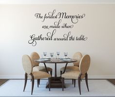 a dining room wall decal with the words, the finest memories are made when gathered around the table