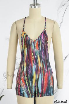 Olivia Mark - Stylish Multicolor Print Backless Spaghetti Strap Skinny Romper Multicolor Swimwear With Built-in Bra For Spring, Multicolor Strappy Swimwear For Summer, Multicolor Summer Swimwear With Straps, Summer Multicolor Swimwear With Straps, Multicolor Fitted Swimwear With Spaghetti Straps, Colorful Sleeveless Swimwear For Spring, Bali Body, Spaghetti Strap Rompers, Spaghetti Strap Maxi Dress