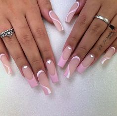 French Tips With Swirl Design, Pink And White Matte Nails, Pink Nail Heart Designs, Pink And White Swirls Nails, Acrylic Nail Designs Coffin French Tip, Nails Acrylic Pinks, Cute Nail Heart Design, White French Tip With Pink Swirls, Swirl Nails Pink And White