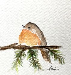 a watercolor painting of a bird sitting on a branch