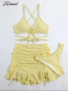 Tavimart 2023 New Bikini Sexy Three Piece Women's Beach Swimsuit Fashion Lace-Up Swimsuit Suit Swimwear V-neck Beachwear Set For Beach, Fitted V-neck Beachwear Sets, Yellow Beachwear Matching Set, Multicolor V-neck Beach Sets, Grunge Baggy, Brown V-neck Swimwear For The Beach, Long Evening Dresses Elegant, Low Waisted Pants, Cargo Pants Streetwear