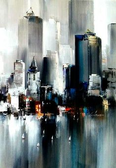 an abstract painting of cityscape with buildings in the background