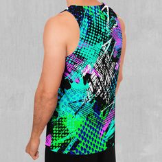 Electric Avenue Men's Tank Top | Festival Tank Top | Rave Tank Top | - Azimuth Clothing Printed Tank Top For Streetwear, Printed Sleeveless Tank Top For Streetwear, Sporty Sleeveless Multicolor Tops, Multicolor Sleeveless Gym Tops, Multicolor Sleeveless Sports Top, Multicolor Sports Tank Top For Summer, Summer Moisture-wicking Racerback Vest, Black Tank Top For Sports Events In Summer, Graphic Print Tank Top For Summer Sports Events