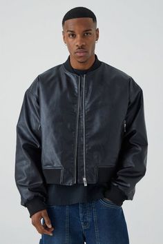 Boxy Pu Bomber With Zips | boohooMAN USA Urban Puffer Jacket For Spring Streetwear, Sporty Puffer Jacket For Streetwear In Fall, Sporty Puffer Jacket For Fall Streetwear, Urban Puffer Outerwear For Streetwear, Trendy Outerwear With Padded Collar For Streetwear, Urban Streetwear Puffer Jacket, Urban Puffer Outerwear For Fall, Spring Black Leather Jacket With Ribbed Cuffs, Urban Style Outerwear For Fall