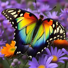 a colorful butterfly sitting on top of purple flowers