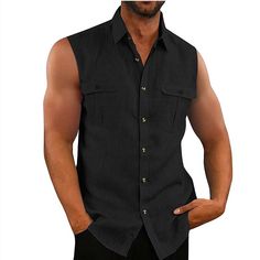 Season:Summer; Function:Soft; Fabric:100% Cotton; Sleeve Length:Sleeveless; Look After Me:Wet and Dry; Gender:Men,Men's; Elasticity:Inelastic; Tops Type:Cotton Linen Shirt,Summer Shirt,Beach Shirt,Casual Shirt; Occasion:Hawaiian; Details:Pocket; Pattern:Solid / Plain Color; Neckline:Shirt Collar; Listing Date:03/15/2023; Bust:; Length:; Shoulder Width:; Quantity:1pc Black Vest Top For Summer, Black Summer Vest Top, Casual Tank Vest For Summer, Casual Sleeveless Beach Vest, Black Summer Shirt For Vacation, Casual Summer Tank Top With Pockets, Sleeveless Cotton Vest For Beach, Sleeveless Cotton Beach Vest, Black Sleeveless Summer Top