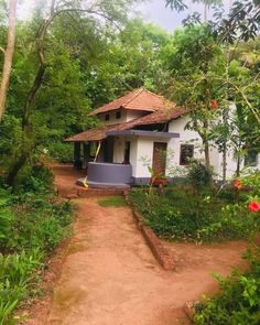 a small white house surrounded by trees and bushes