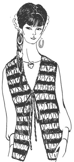 a black and white drawing of a woman wearing a vest with fringes on it