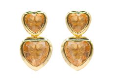 -18k Gold Plated Heart Crystal Stud Earrings -Measures .5" Length -Handmade in Brazil -18k gold plated over brass -Please note that our brand uses natural semi-precious stones-each piece has a unique texture, shine, and color. Gold Gemstone Heart Earrings, Gold Double Heart Earrings For Anniversary, Gold Double Heart Handmade Earrings, Elegant Gold Heart Earrings With Gemstone, Gold Heart Cut Earrings For Pierced Ears, Gold Heart Cut Earrings For Formal Occasions, Gold Heart Cut Earrings For Formal Events, Handmade Gold Citrine Earrings, Gold Citrine Drop Earrings