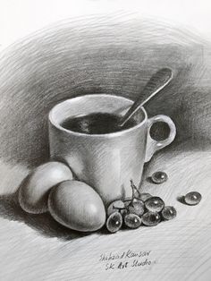 a pencil drawing of a cup of coffee and some eggs