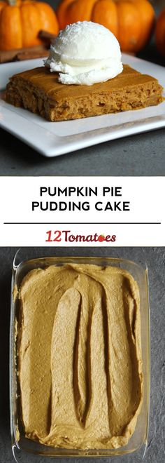 pumpkin pie pudding cake with whipped cream on top