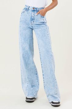 A pair of high-rise wide-fit jeans featuring acid wash, side inserted panels, raw hem, classic 5-pocket construction, and a zip-fly closure.-Rise: 12.5", Inseam: 33"-Model is 5'8" and wearing a size 3-True to sizeMade In: ImportedFabric Contents: 99% Cotton, 1% Spandex Light Color Jeans, Sweatshirt Jean Jacket, Women Cargo Pants, Women Cargos, Cargo Pants Men, Light Wash Jeans, High Rise Jeans, Sheer Fabrics, Acid Wash