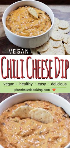 vegan chili cheese dip in a white bowl with crackers on the side and text overlay