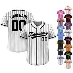 Pinstripe Custom Baseball Jersey is a stylish and functional piece that ensuring a comfortable fit for individuals, couples, teams, or anyone who loves Baseball fashionable and sporty vibe. From casual outings to intense gameplay, this baseball jersey always guarantees both style and performance. If you have any other design ideas, or any changes to the jersey details, simply share an image and we will create a visual representation for you to confirm. ⚾FEATURES - Personalized team name, name, n Striped Baseball Jersey With Letter Print For Team Spirit, Striped Baseball Jersey With Letter Print, Sporty Baseball Jersey With Contrast Stripes, Varsity Striped Baseball Jersey For Sports Events, Striped Varsity Baseball Jersey For Sports Events, Striped Baseball Jersey With Three Stripes And Baseball Collar, Striped Baseball Jersey With Letter Print And Baseball Collar, Striped Baseball Jersey With Baseball Collar For Sports Events, Collegiate Striped Baseball Jersey