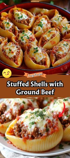 Best Stuffed Shells with Ground Beef via @recipesforfamily12 Pasta Recipes Stuffed Shells, Stuffed Cheesy Shells, Big Shell Noodle Recipes, Ricotta And Ground Beef Recipes, Recipes With Large Shell Pasta, Beef Stuffed Shells Ricotta, Taco Stuffed Pasta Shells Recipe, Large Shell Pasta Recipes Ground Beef, Beef And Shells Pasta